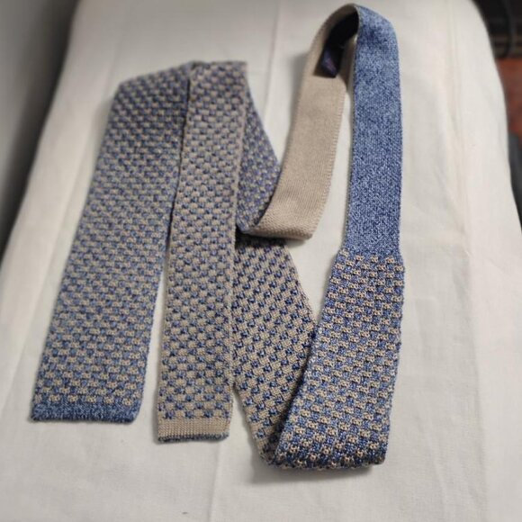❤️Men's ALTEA MILANO Grenadine Blue & Tan Square Skinny Tie Necktie Italy - Picture 1 of 9